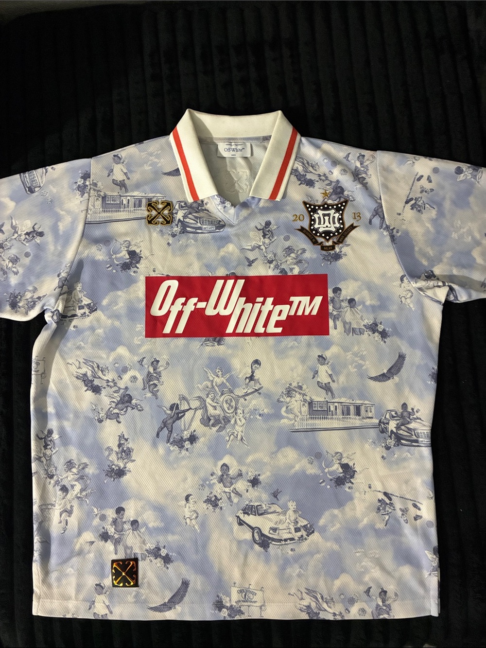Off-White Light Blue and Red Graphic Soccer Jersey . Worn Once For A Birthday